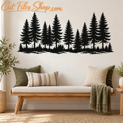 Pine forest metal wall art made from dark brushed steel, displayed above a brown leather sofa in a rustic living room.