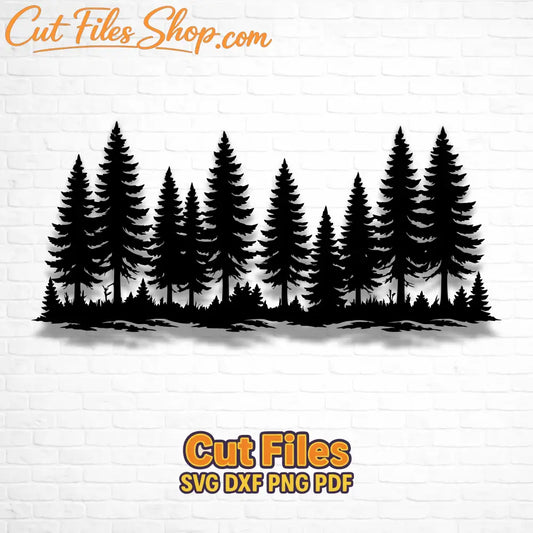 Pine forest DXF SVG cutting design featuring detailed evergreen trees and natural woodland landscape silhouette.
