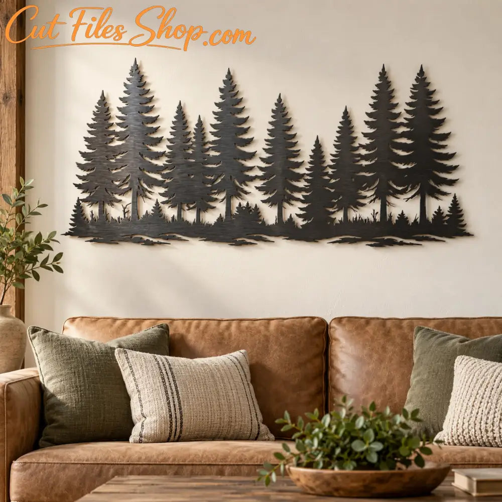 Black pine forest vinyl wall decal featuring evergreen trees, displayed above a wooden bench in a cozy modern interior.