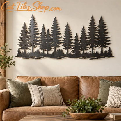 Black pine forest vinyl wall decal featuring evergreen trees, displayed above a wooden bench in a cozy modern interior.