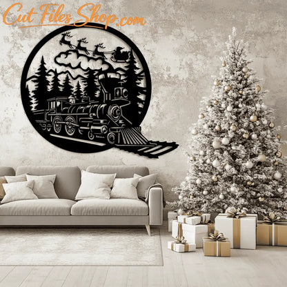 Santa Sleigh & Polar Express Train SVG, Cutting Files for Cricut & Glowforge, Winter Scene DXF for CNC, Christmas Wall decor DIY