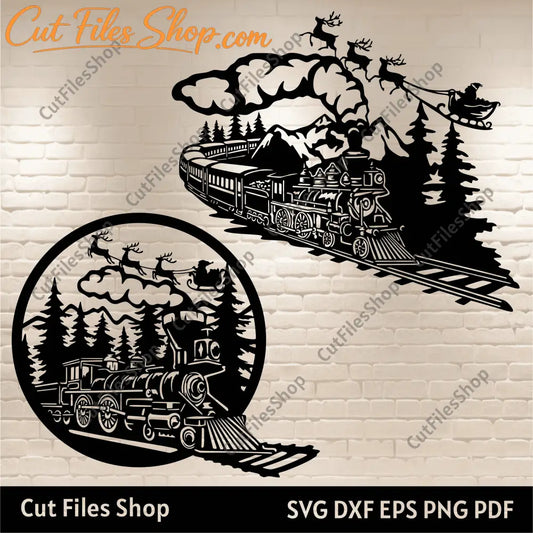 Polar Express Train SVG, Santa Sleigh Cut Files for Cricut & Glowforge, Winter Scene DXF for CNC, Christmas Train Decor, Mountain Range Dxf, Forest scene EPS