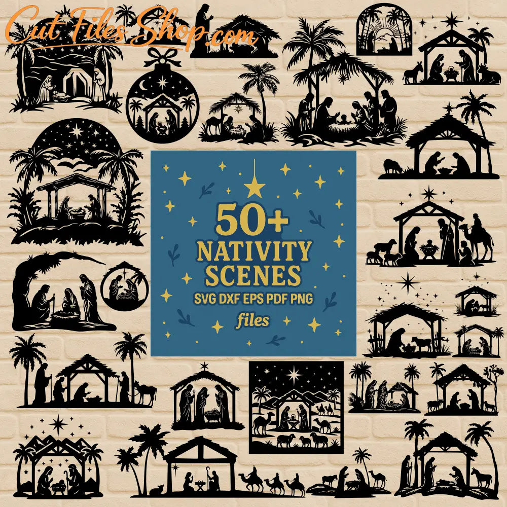 50+ Nativity Scenes SVG DXF EPS PDF PNG bundle on brick background