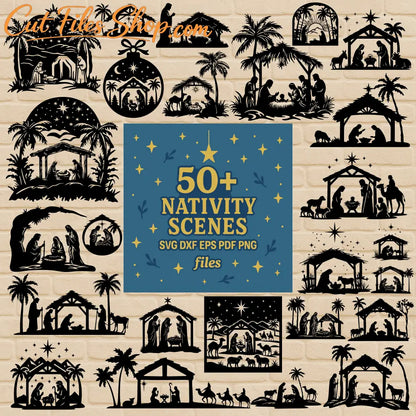 50+ Nativity Scenes SVG DXF EPS PDF PNG bundle on brick background
