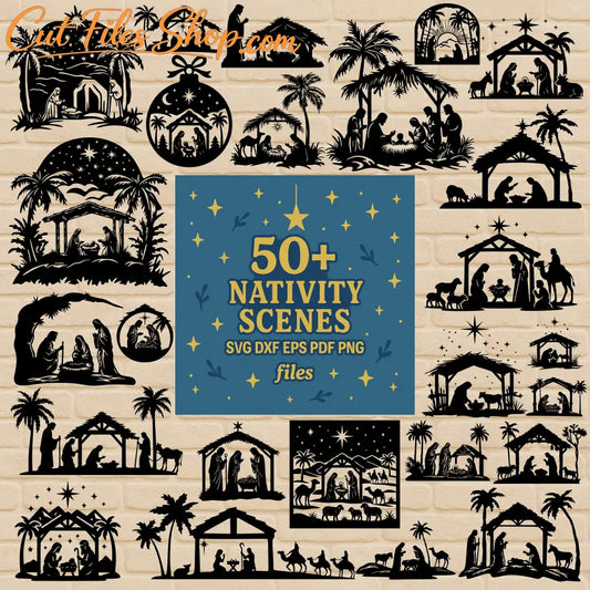 50+ Nativity Scenes SVG DXF EPS PDF PNG bundle on brick background