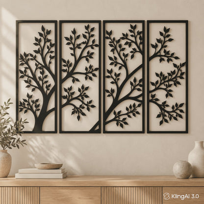 Four open decorative tree panels with connected branches and leaves inside rectangular frames.