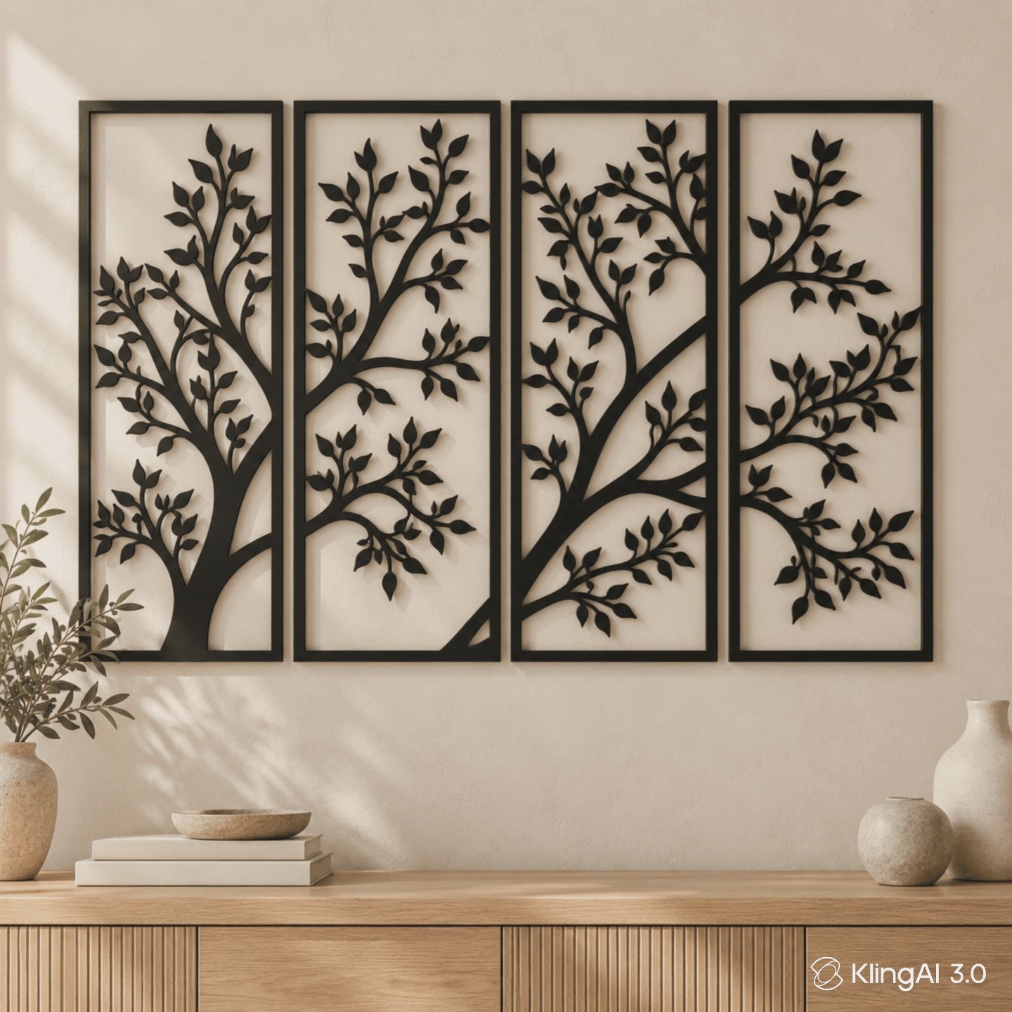 Four open decorative tree panels with connected branches and leaves inside rectangular frames.