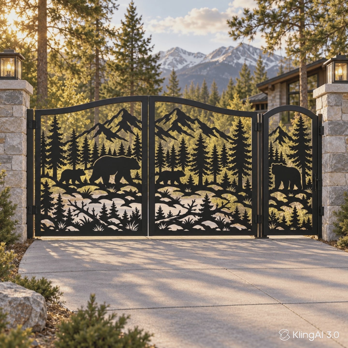 CNC plasma-cut mountain gate design installed between natural stone entrance pillars.