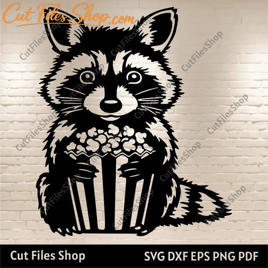 Raccoon with popcorn Svg for Cricut, Dxf for CNC Laser Cutting, Silhouette Cut files, T-shirt Designs