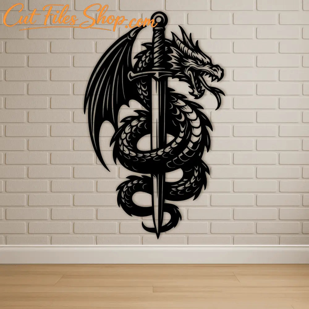 Tribal dragon wrapped around sword black and white design