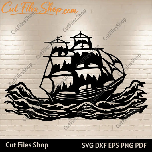 Sail Ship Dxf for Laser cut, Svg boat for cricut, Cutting files, Eps file, Dxf Svg, Silhouette cut files, ocean scene svg, ship dxf for plasma, metal cut files, cnc svg files, laser cut svg files