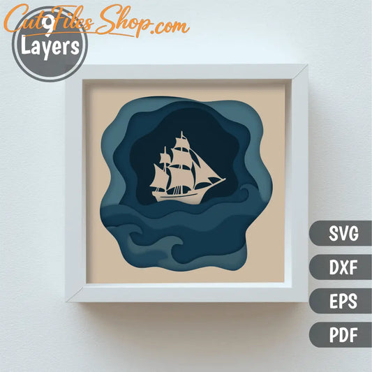 Sailing ship 3D shadow box SVG DXF PDF EPS layered template