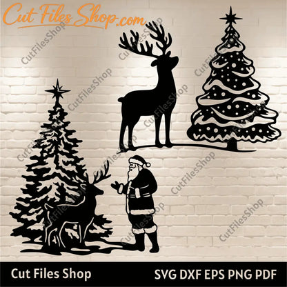 Santa and Reindeer SVG, Cut Files for Cricut & Silhouette, Christmas Tree DXF for CNC, DIY Christmas Decor, Santa Sleigh SVG, Holiday Svg, Dxf for Plasma