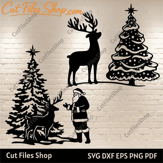 Santa and Reindeer SVG, Cut Files for Cricut & Silhouette, Christmas Tree DXF for CNC, DIY Christmas Decor, Santa Sleigh SVG, Holiday Svg, Dxf for Plasma