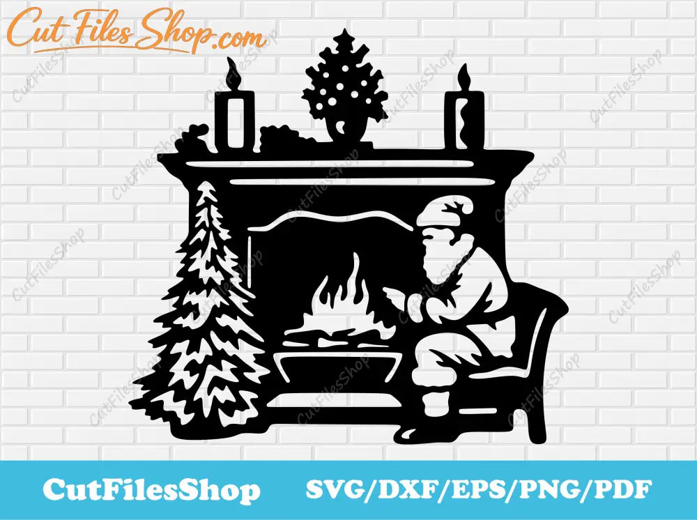 Santa Claus by the fireplace svg, Christmas fireplace Clip Art, Christmas dxf decor for Laser cut, Santa Claus svg for Cricut, christmas tree svg, cut files shop, free christmas decor svg, christmas dxf for laser cut, merry christmas svg, Christmas candles svg, kids christmas svg, free dxf for laser, dxf for cnc, santa claus silhouette