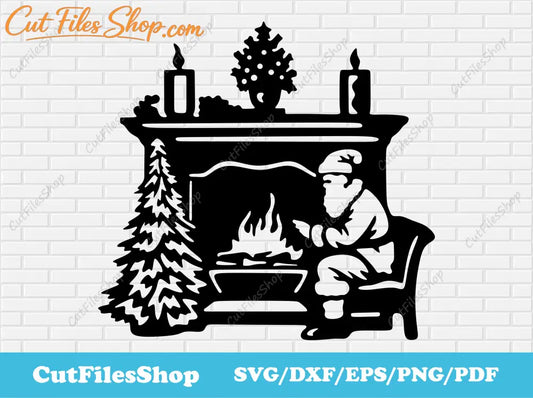 Santa Claus by the fireplace svg, Christmas fireplace Clip Art, Christmas dxf decor for Laser cut, Santa Claus svg for Cricut, christmas tree svg, cut files shop, free christmas decor svg, christmas dxf for laser cut, merry christmas svg, Christmas candles svg, kids christmas svg, free dxf for laser, dxf for cnc, santa claus silhouette
