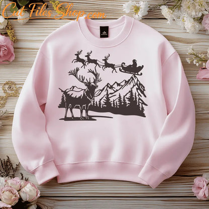 Christmas santa's sleigh and Reindeer T-shirt Svg design - Cut Files shop