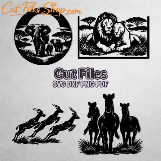 Savannah wildlife SVG bundle with lion elephant antelope and horses for CNC plasma cutting