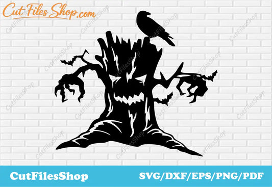 Scary tree svg dxf, svg for cricut, Halloween decor making, Digital Download svg, Fall decor dxf, halloween stickers svg, halloween card making, scary halloween svg dxf, happy halloween svg, bat svg, crow svg dxf