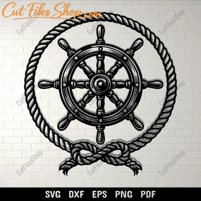 Nautical ship wheel SVG DXF with rope frame for CNC
