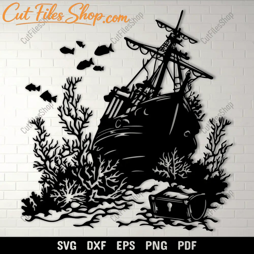 Sunken pirate ship silhouette wall art design