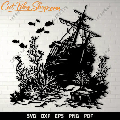 Sunken pirate ship silhouette wall art design