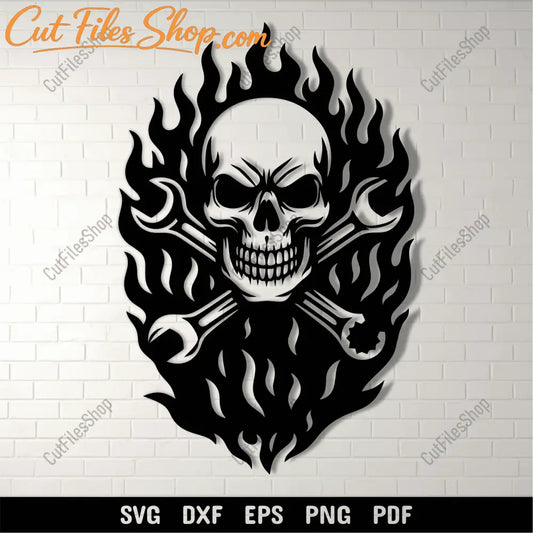 Skull flames mechanic SVG DXF PNG for CNC laser cutting
