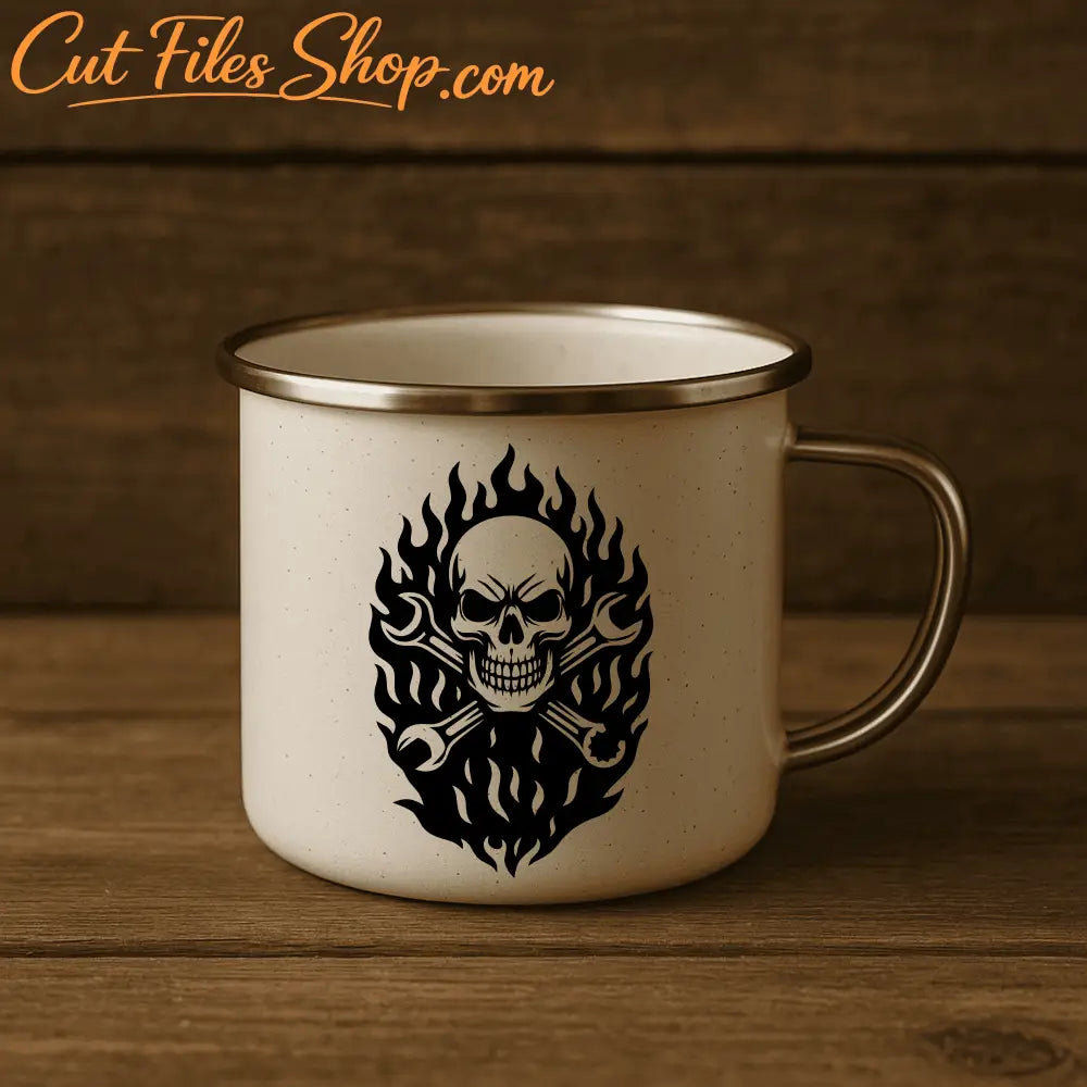Skull and wrench flame design SVG DXF for laser engraver