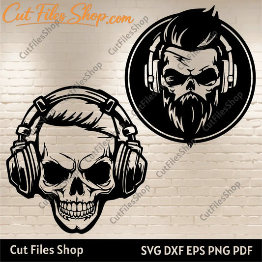 Skulls svg files, T Shirt Design, Headphones Svg, Halloween Skull svg, Dxf for cnc cutting, laser engraving files, halloween party svg, halloween cricut, wall halloween decor svg dxf, where download svg for halloween, cut files shop halloween