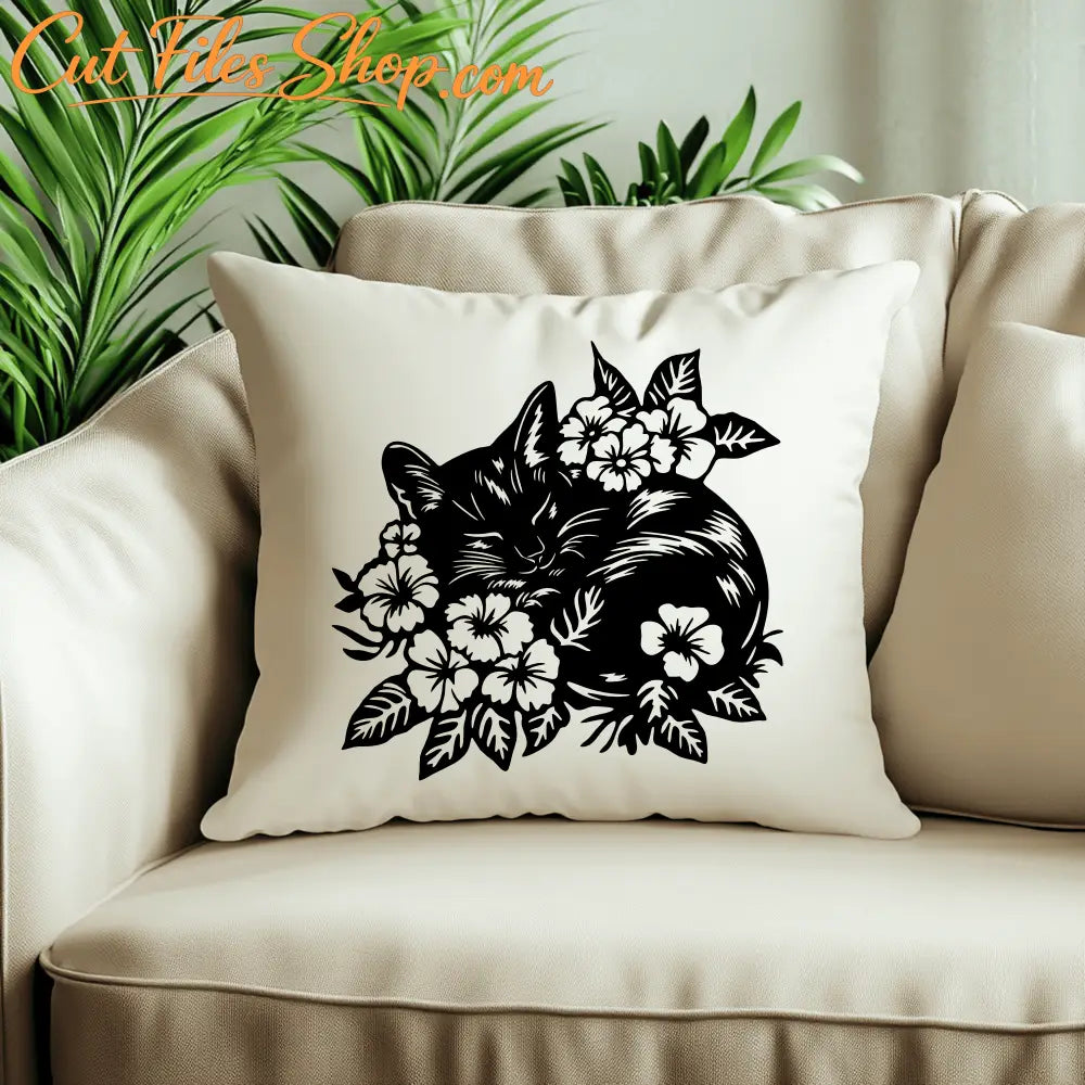 Sleeping Cat SVG & DXF, Floral Cat Laser Cut Files, Pillow & Craft Design