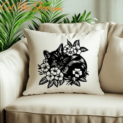 Sleeping Cat SVG & DXF, Floral Cat Laser Cut Files, Pillow & Craft Design