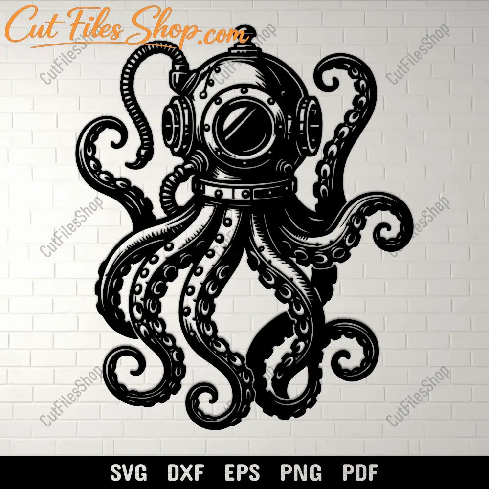 Vintage diver helmet octopus black and white illustration