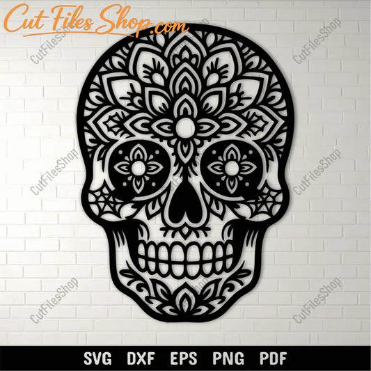 Floral sugar skull silhouette wall art design