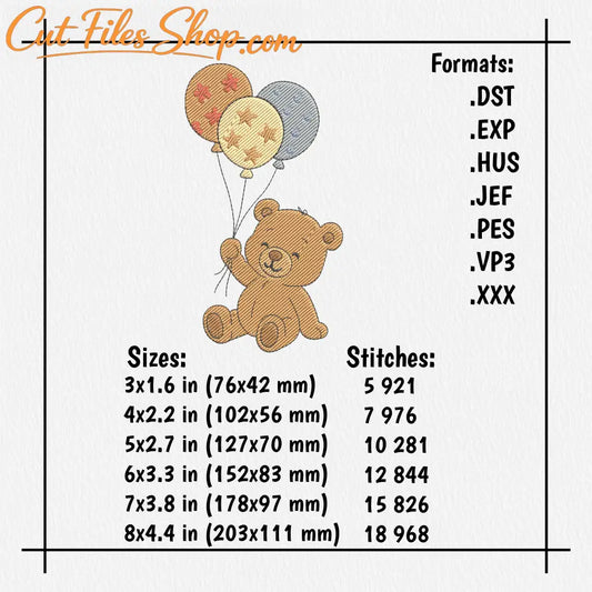 Cute bear embroidery file with colorful balloons in multiple sizes
