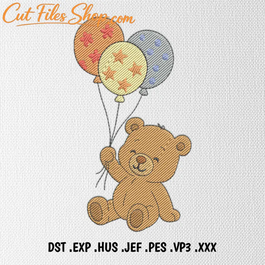 Teddy bear holding balloons embroidery design for baby clothes and nursery decor