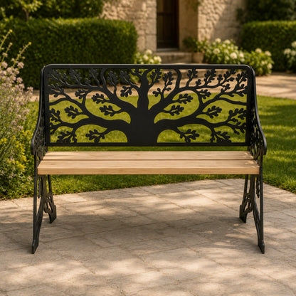 Rear view of a laser-cut tree garden bench with two wooden seat boards.