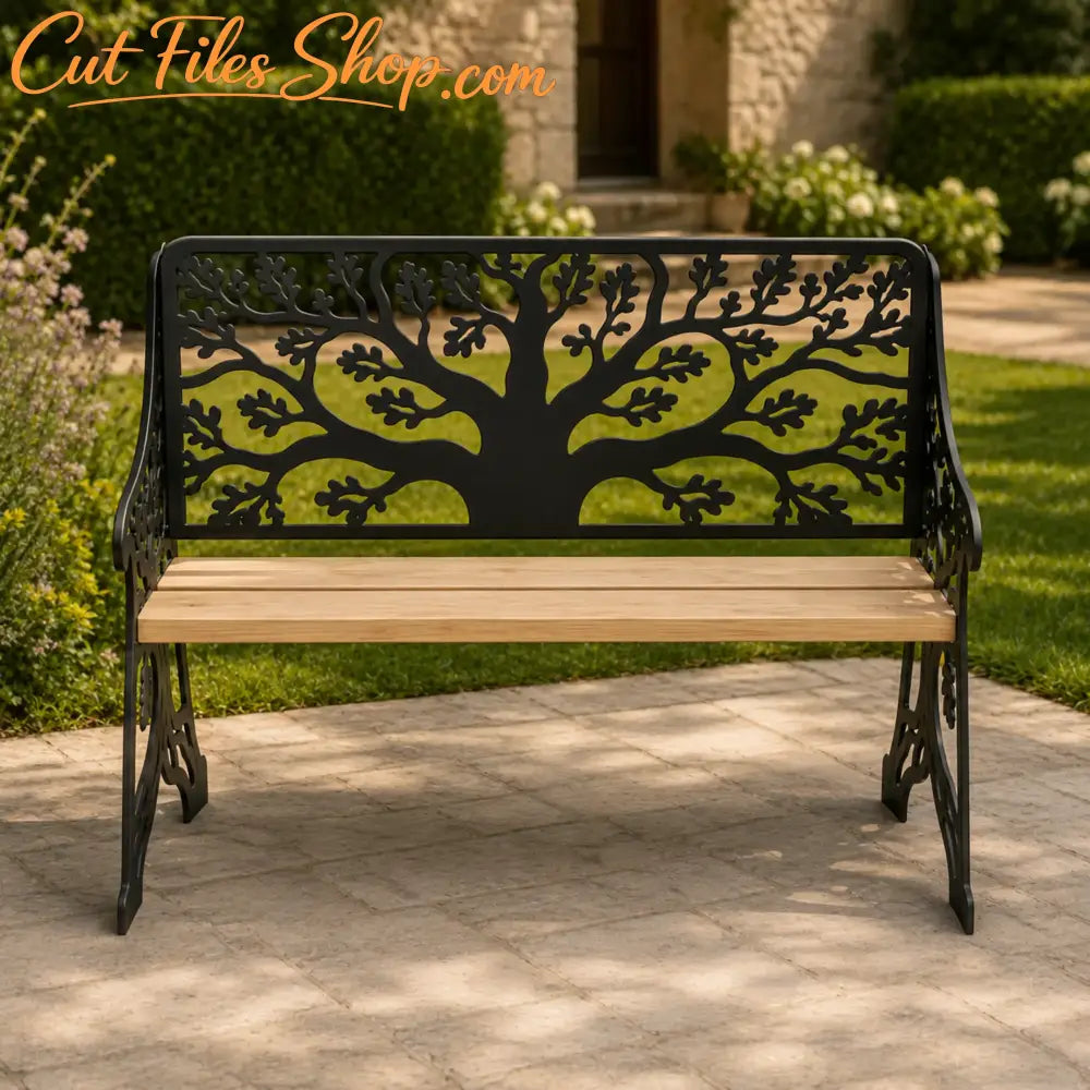 Rear view of a laser-cut tree garden bench with two wooden seat boards.