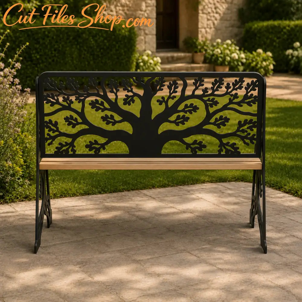 Side view of a decorative steel garden bench with tree-pattern panels.