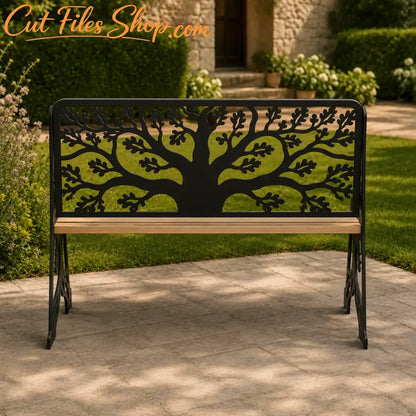 Side view of a decorative steel garden bench with tree-pattern panels.