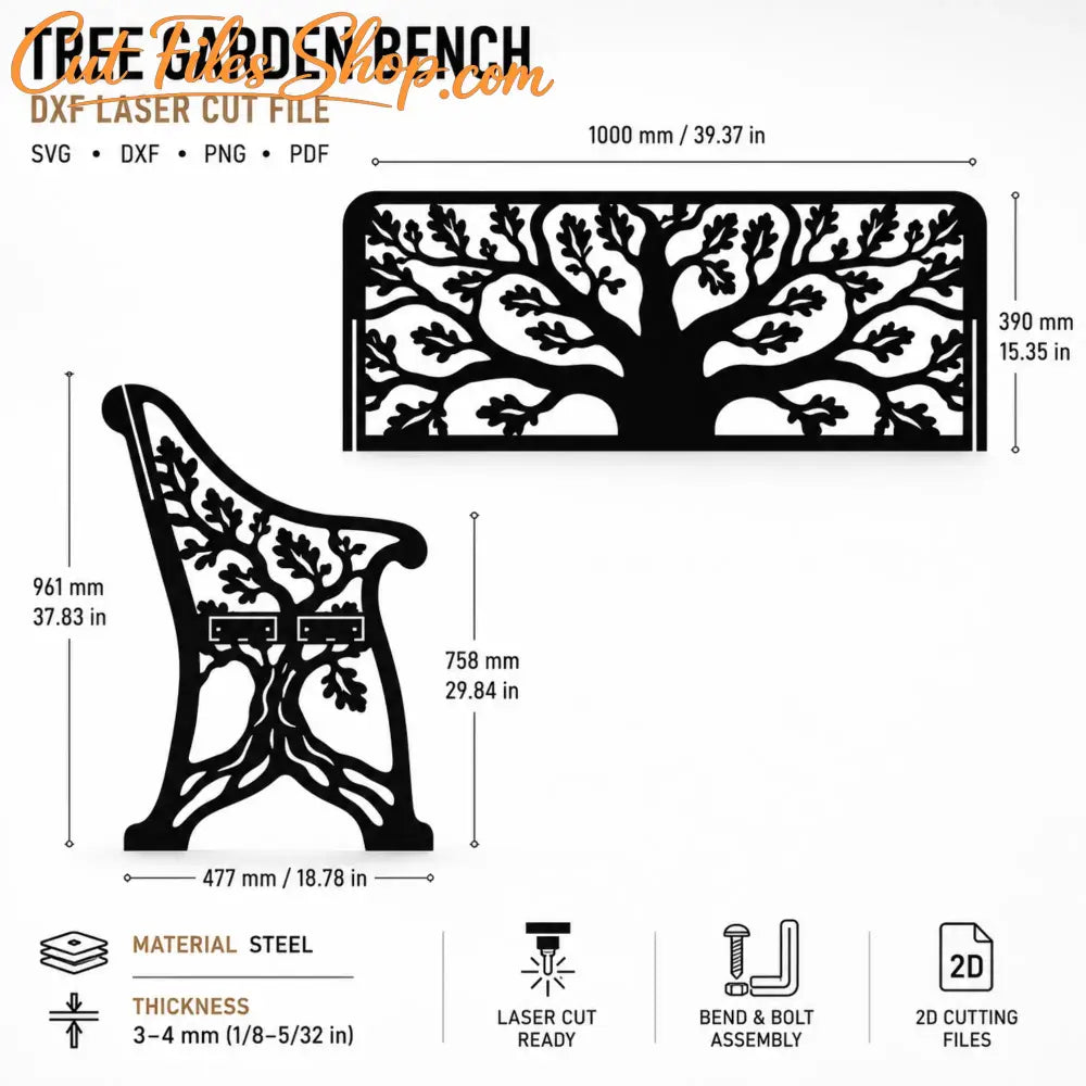 Finished laser-cut metal garden bench with oak tree backrest and light wooden seat.