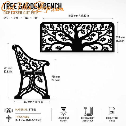 Finished laser-cut metal garden bench with oak tree backrest and light wooden seat.