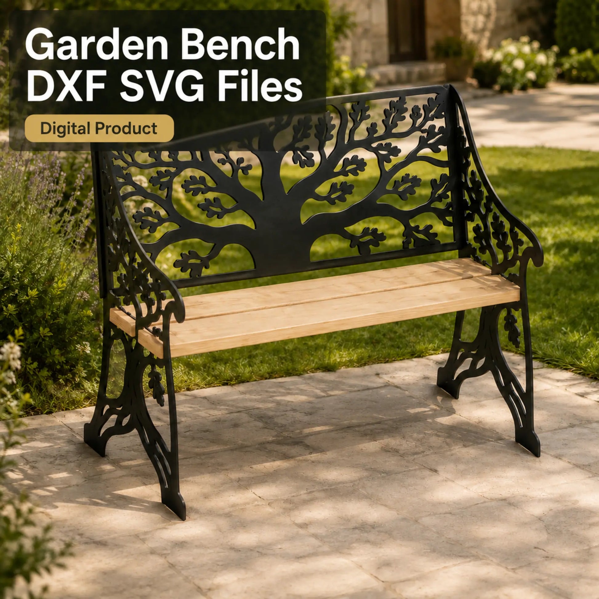 Tree garden bench DXF and SVG files for CNC laser and plasma cutting.