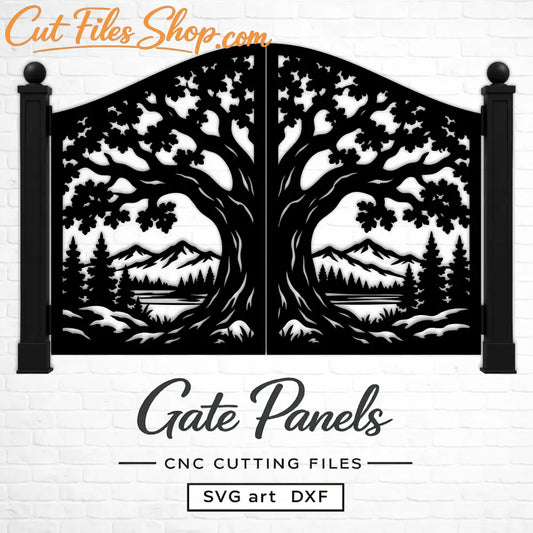 Tree of Life Gate SVG DXF with mountains and forest for CNC laser cutting