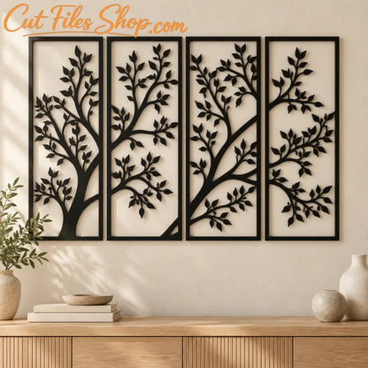 Matte black metal tree wall panels displayed above a light oak console in a modern interior.