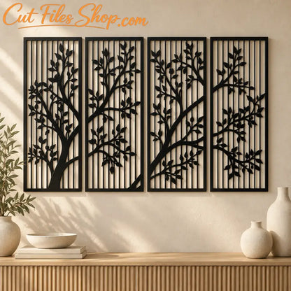 Four tree privacy screen designs with vertical lines for metal gates, fences and garden screens.