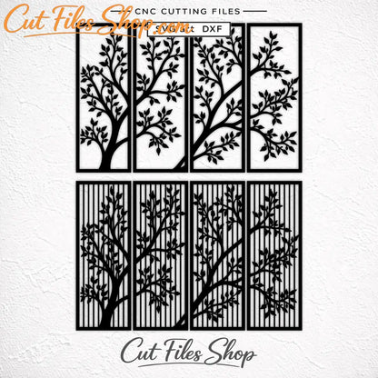 Eight tree privacy screen SVG and DXF designs for laser, CNC and plasma cutting.