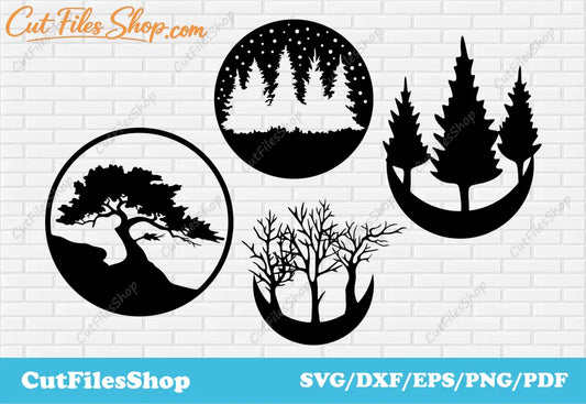 Trees decor Dxf files for laser cut, CNC plasma cutting, Craft files for cricut, CNC Metal cutting files, Home decor dxf free download, tree decor dxf, wood dxf, woodland dxf, free cnc files download, wall decor dxf for cnc, cutting decor dxf, free forest scene dxf, download craft files, cricut files free download