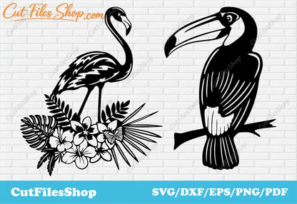 Tropical birds svg, flamingo dxf file, toucan dxf, birds for cricut, dxf for cnc, birds dxf files, tropical dxf, birds scene dxf, Vector Birds for Cricut, DXF for CNC, Birds Scenes DXF files, Cutting files, Laser cut files, Dxf for Plasma cut, Silhouette Cameo files, dxf for Scan n Cut