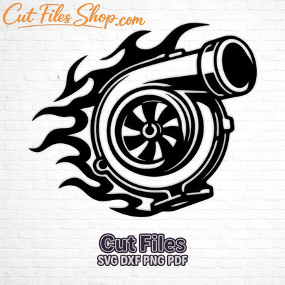 Turbocharger SVG and DXF laser cut design with decorative flames
