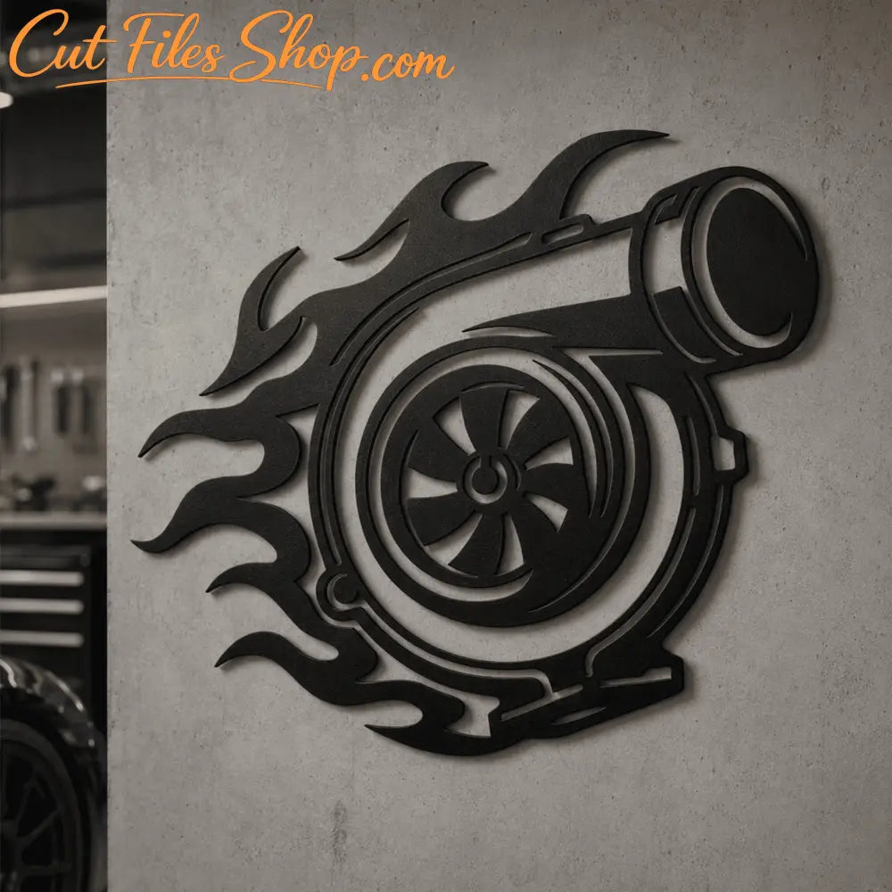 Black turbocharger metal wall art displayed in a modern garage